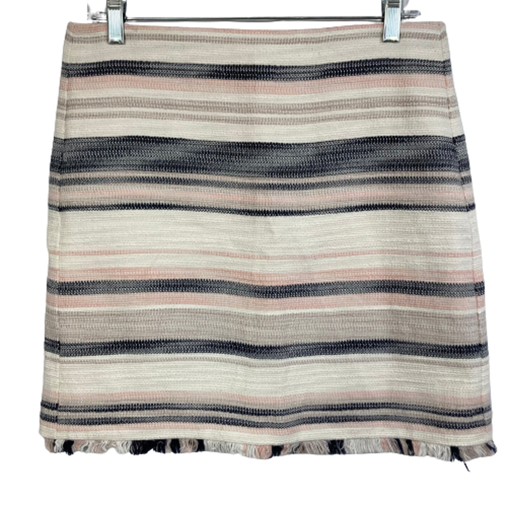 Loft Skirt Womens Sz 6 Beige Pink Blue Striped Cotton Tweed‎ Fringe Lined Zip